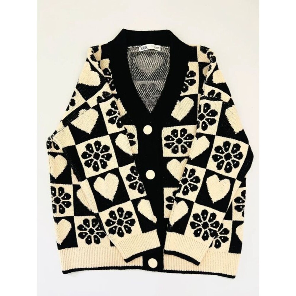 ZARA Black Ivory Knit Jacquard Cardigan - L